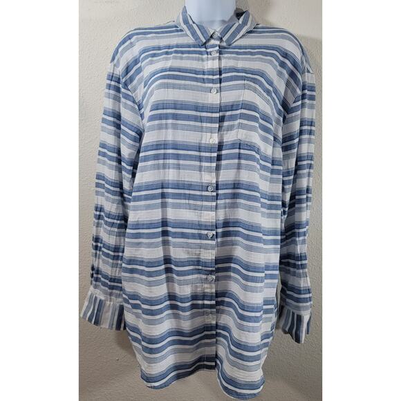 A New Day Blue White Striped Button Up Collard Top XXL Lightweight Soft Pocket - Picture 1 of 6